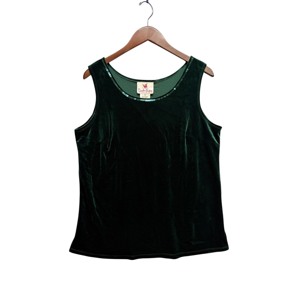 Quacker Factory Green Velvet Sequin Trim Tank Top Sleeveless Holiday Medium NWT